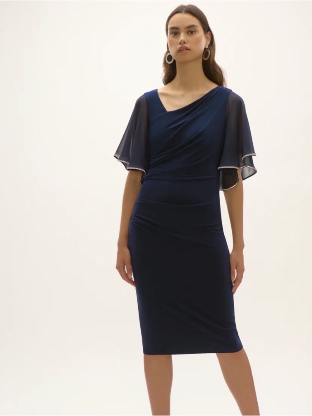 Jospeh Ribkoff Midnight Blue Silky Knit And Chiffon Sheath Dress Style 252719